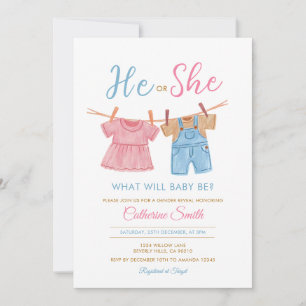 He or She Pink & Blue Clothesline Gender Reveal  Invitation
