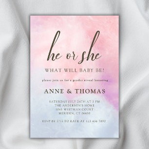 He Or She Pink Blue Pastel Gender Reveal Party Invitation