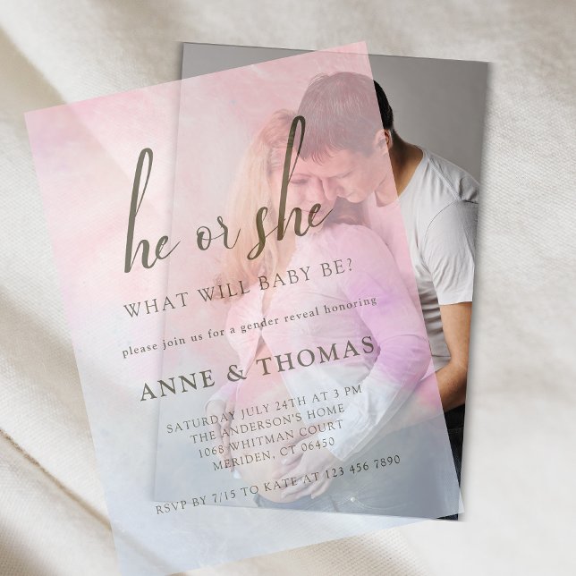 He Or She Pink Blue Pastel Gender Reveal Party  Vellum Invitations (Creator Uploaded)