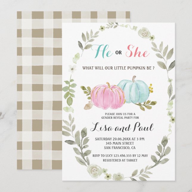 He or She Pink Blue Pumpkins  Gender Reveal Invitation (Front/Back)