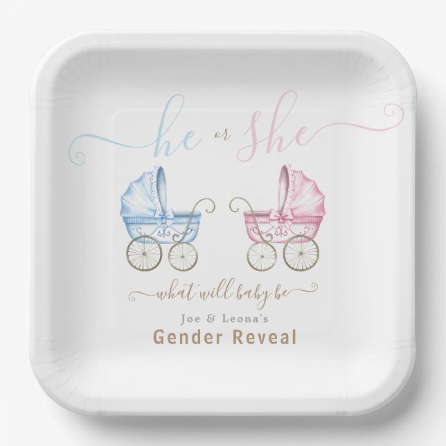 He or She Pink or Blue Strollers Gender Reveal Paper Plate (Front)