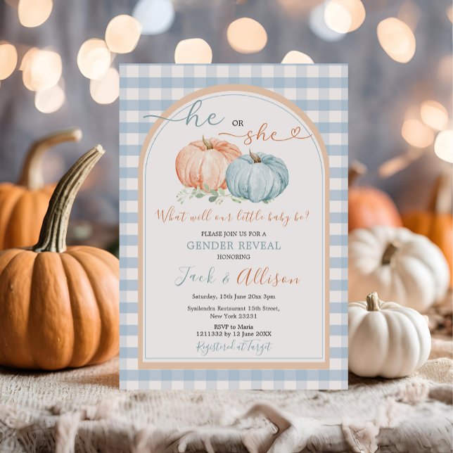He or She Pumpkin Blue Gingham Arch Gender Reveal Invitation (Creator Uploaded)
