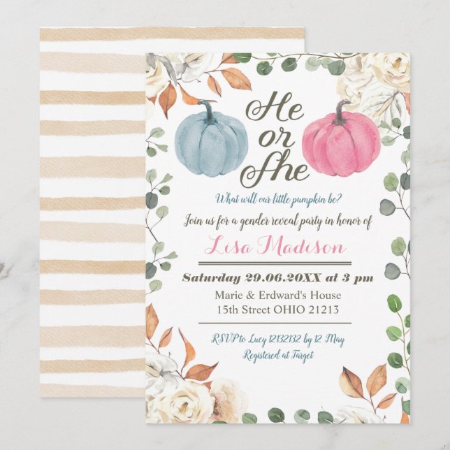 He or She Pumpkin fall Gender Reveal invitation (Front/Back)