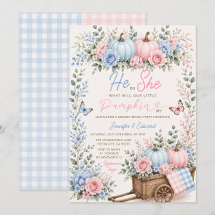 He or She Pumpkin Gender Reveal Floral Gingham Invitation
