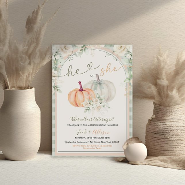 He or She Pumpkin Sage Green Gingham Gender Reveal Invitation (Creator Uploaded)