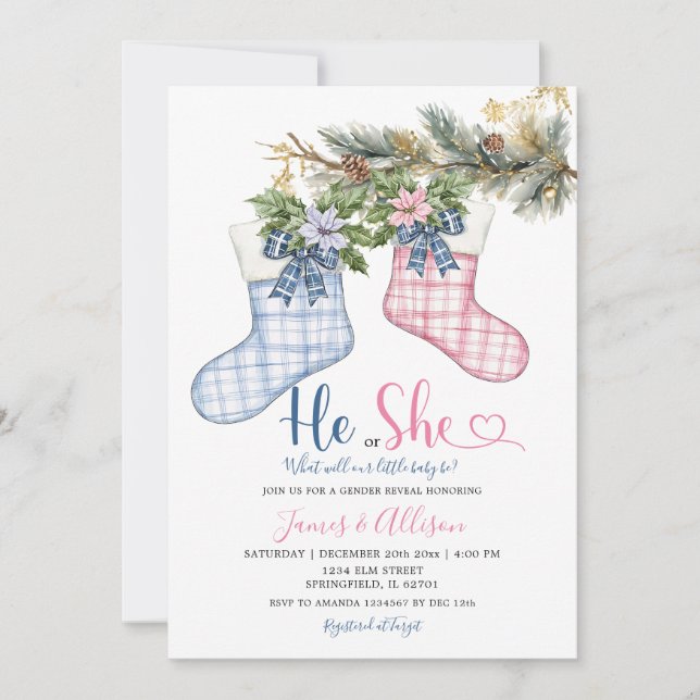 He or She Santa Socks Christmas Gender Reveal Invitation (Front)