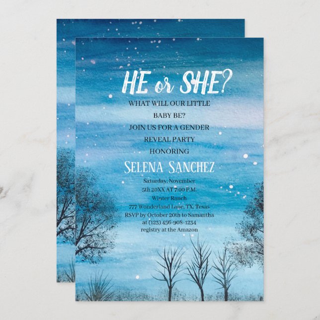 He or She Snowflake Winter Wonderland Baby Shower  Invitation (Front/Back)