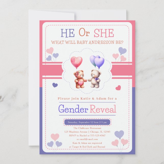 He Or She Teddy Bear Balloons Gender Reveal Invitation (Front)