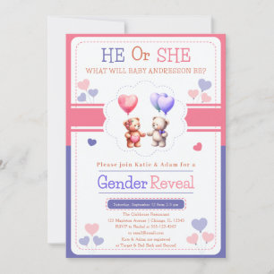 He Or She Teddy Bear Balloons Gender Reveal Invitation