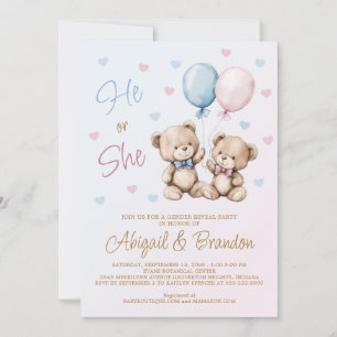 He or She Teddy Bear Gender Reveal Pink Blue Invitation