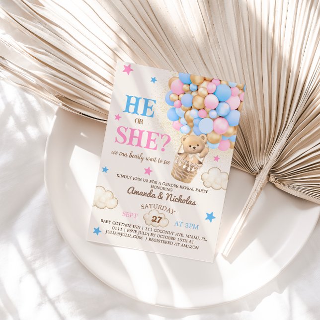 He or She Teddy Bear Hot Air Balloon Gender Reveal Invitation (Creator Uploaded)