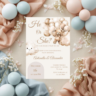 He or She Teddy Bear with Balloons Gender Reveal I Invitation