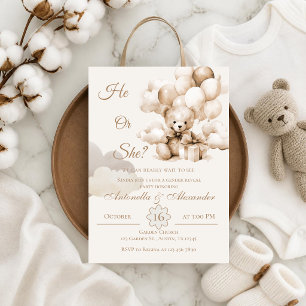 He or She Teddy Bear with Balloons Gender Reveal I Invitation