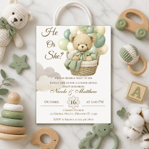 He or She Teddy Bear with Balloons Gender Reveal I Invitation