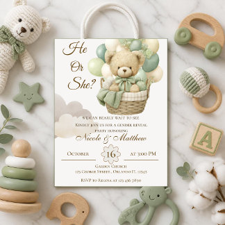 He or She Teddy Bear with Balloons Gender Reveal I Invitation