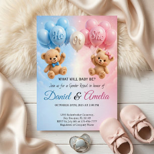 He or She Teddy Gender Reveal Invitation