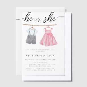 He or She Watercolor Baby Clothes Gender Reveal Vellum Invitations