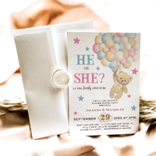 He or She Watercolor Boho Gender Reveal Blue Pink Invitation