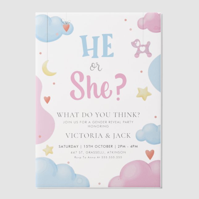 He or She Watercolor Clouds & Stars Gender Reveal Vellum Invitations (Front)