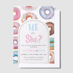 He or She Watercolor Donut Pattern gender reveal Vellum Invitations