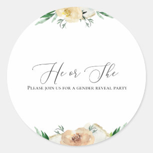 He or She Watercolor Floral Gender Reveal Sticker