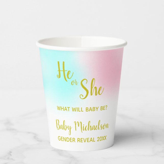 He Or She Watercolor Gender Reveal Paper Cups (Left)