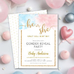 He or She Watercolor Gold Glitter Gender Reveal Invitation<br><div class="desc">This gender reveal party invitation features a gold faux glitter calligraphy text on a pink and blue watercolor background.  Custom text allows you to add your event details.</div>