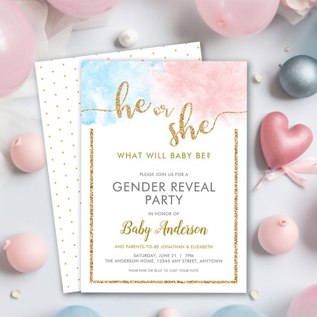 He or She Watercolor Gold Glitter Gender Reveal Invitation (Creator Uploaded)