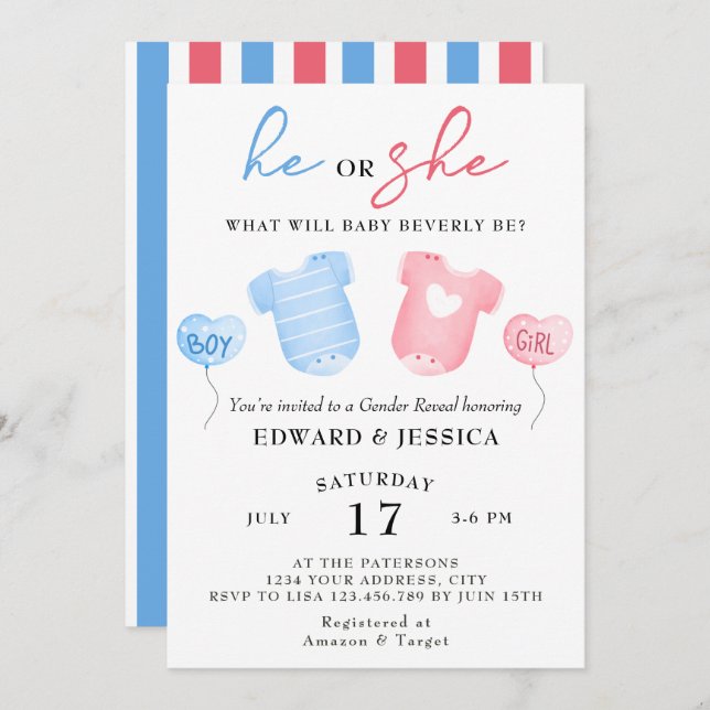 He or She What Will Baby Be Blue Pink Minimal Cute Invitation (Front/Back)