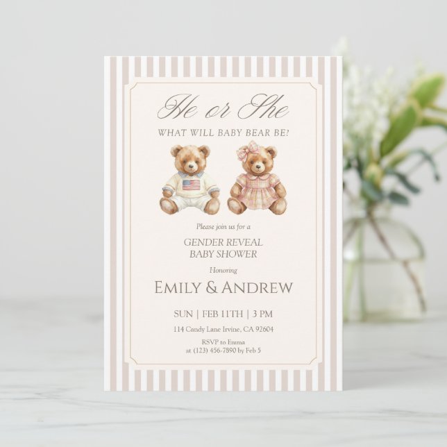 He or She What Will Baby Bear Be Gender Reveal Invitation (Standing Front)