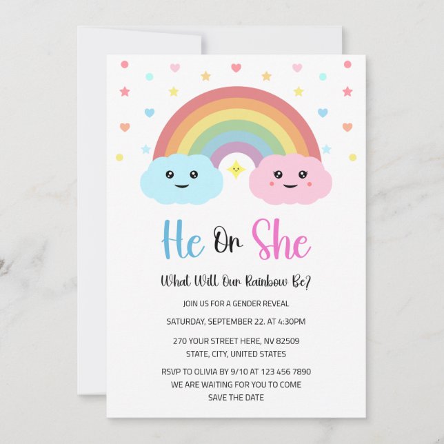 He or She What Will Our Rainbow Be Gender Reveal Invitation (Front)