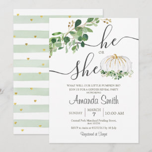 He or She White Pumpkin Gender Reveal Invitation