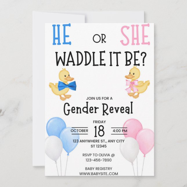 He or She who will it be? Gender reveal Invitation (Front)