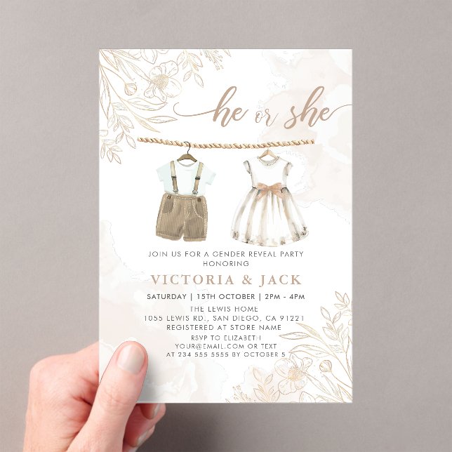 He or She Wildflower Baby Clothes Gender Reveal Acrylic Invitations (Insitu (Handheld))