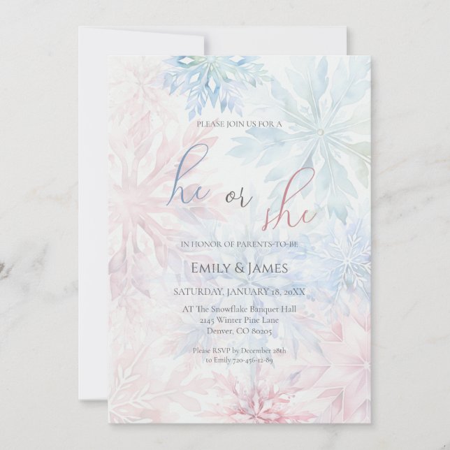 He or She Winter Pink Blue Snowflake Gender Party Invitation (Front)