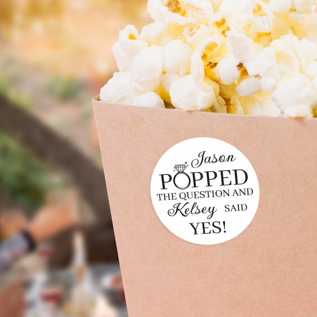 He Popped the Question Engagement Popcorn Favour Classic Round Sticker (Creator Uploaded)