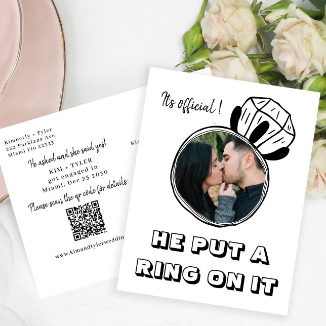 He put a ring on it photo QR CODE engagement Announcement Postcard (Creator Uploaded)