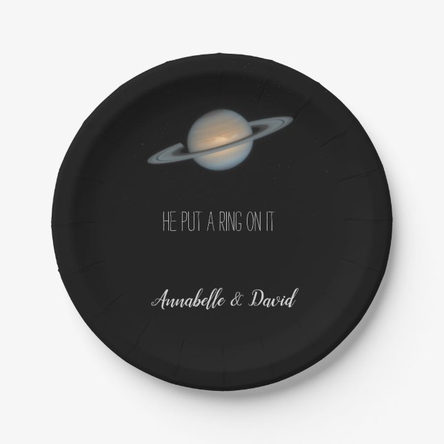 He Put a Ring on It Saturn in Space Party Paper Plate (Front)