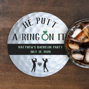 He Putt a Ring On It Golf Bachelor Party Round Paper Coaster