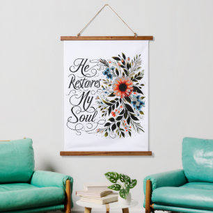 He restores my soul floral hanging tapestry