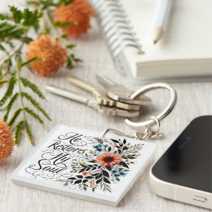 He restores my soul floral key ring