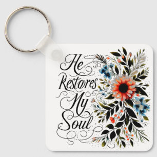 He restores my soul floral monogram key ring