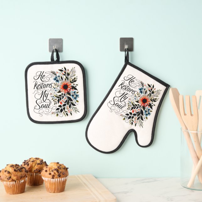 He restores my soul floral oven mitt & pot holder set (Insitu(Hanging))