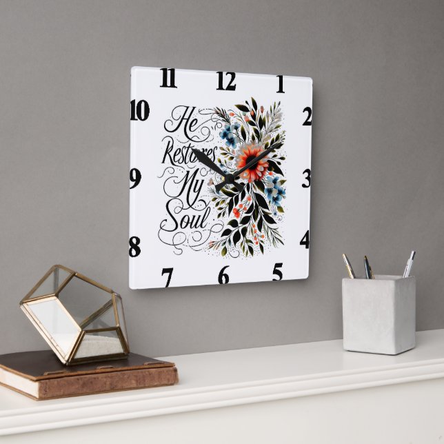 He restores my soul floral square wall clock (Office)