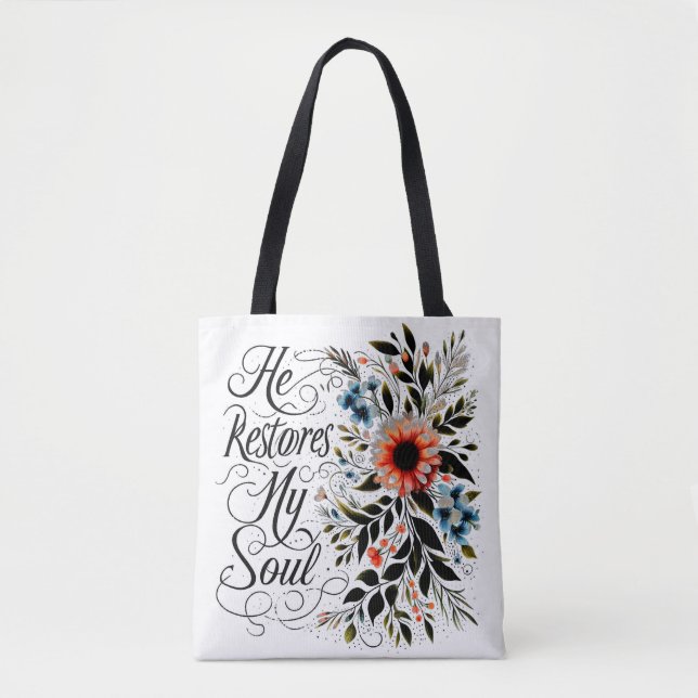 He restores my soul floral tote bag (Front)