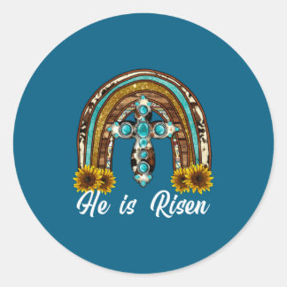 He Risen Leopard Sunflower Cross Classic Round Sticker