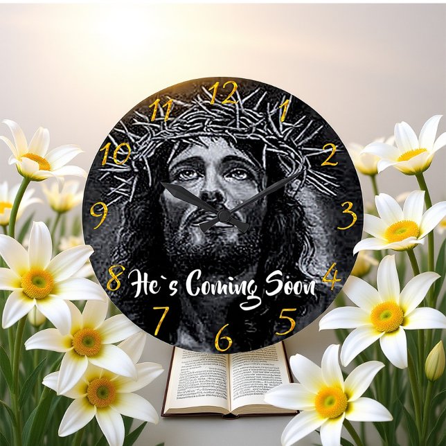 HE`S COMING SOON Jesus looking into heaven  Large Clock (Creator Uploaded)