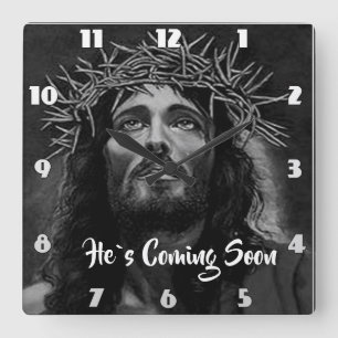 HE`S COMING SOON Jesus looking into heaven  Square Wall Clock