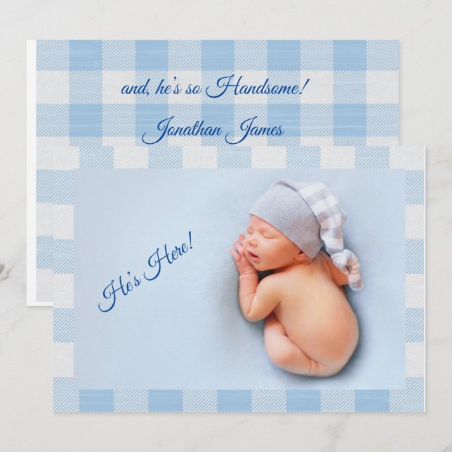 He’s Here|Baby Boy Blue Gingham Modern Birth Announcement (Front/Back)