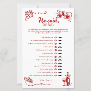 He Said She Said Amore Wedding Party Activity Card